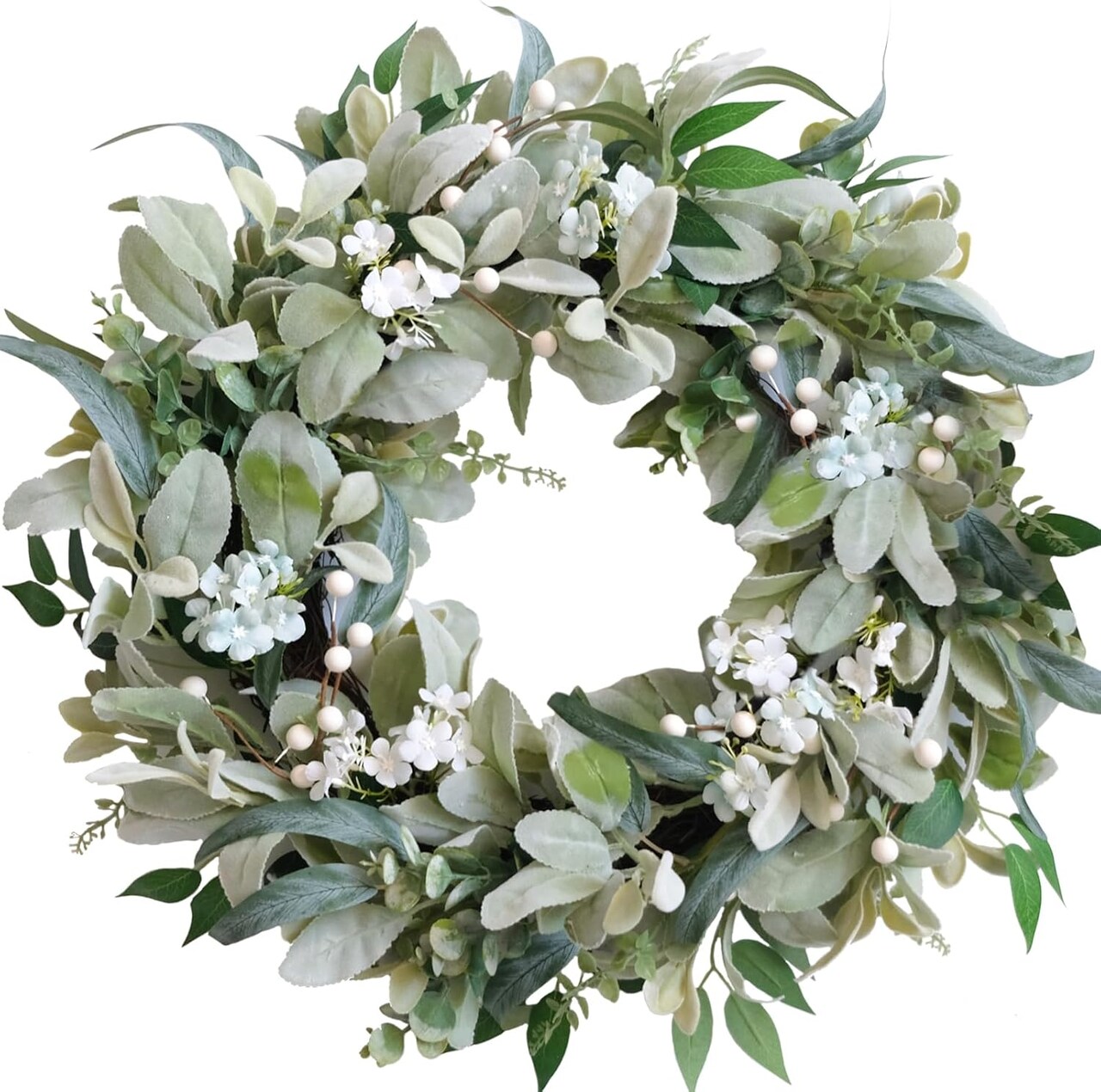 22 Inch Spring Everyday Lamb Ears Leaves Wreath with White Wild Flowers and Berries for Front Door, Welcome Wood Sign Green Leaves Wreath for Indoor Outdoor, Everyday Leaves Wreath